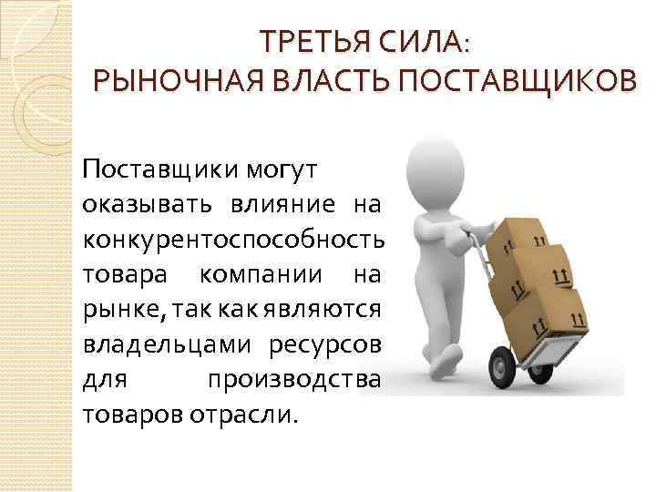 ТРЕТЬЯ СИЛА: РЫНОЧНАЯ ВЛАСТЬ ПОСТАВЩИКОВ Поставщики могут оказывать влияние на конкурентоспособность товара компании на