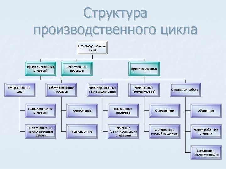 Структура производственного цикла Производственный цикл Время выполнения операций Операционный цикл Естественные процессы Обслуживающие процессы