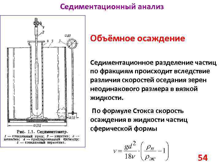 Седиментационный анализ Объёмное осаждение Седиментационное разделение частиц по фракциям происходит вследствие различия скоростей оседания