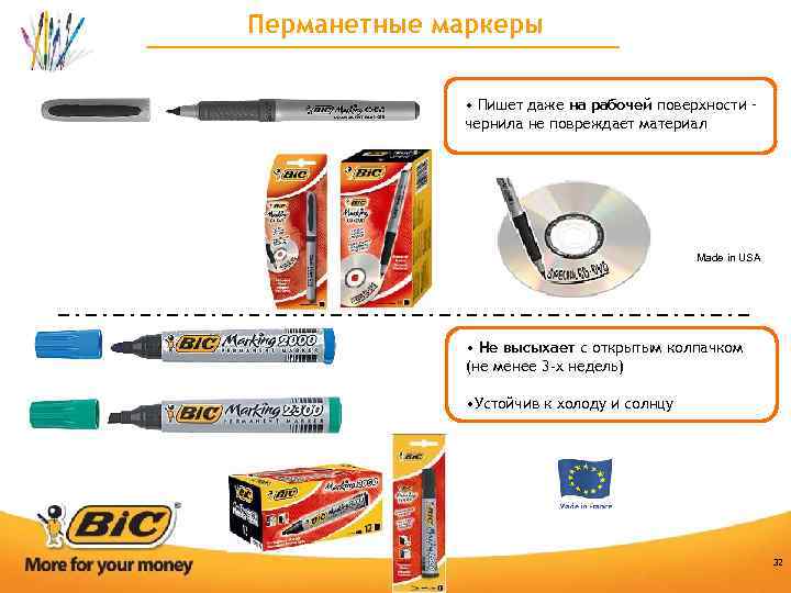 Перманетные маркеры • Пишет даже на рабочей поверхности – чернила не повреждает материал Made