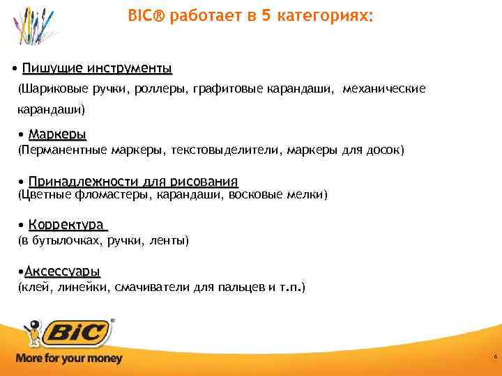 BIC® работает в 5 категориях: • Пишущие инструменты (Шариковые ручки, роллеры, графитовые карандаши, механические
