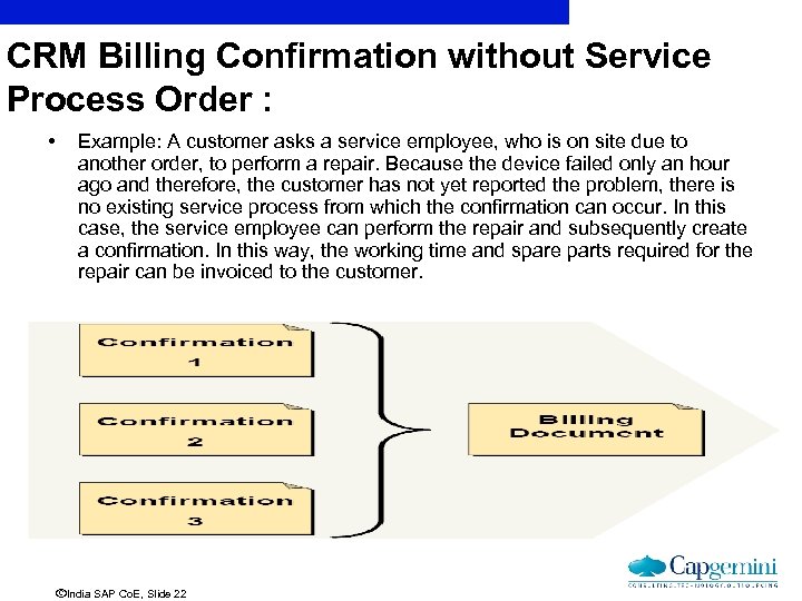 CRM Billing Confirmation without Service Process Order : • Example: A customer asks a