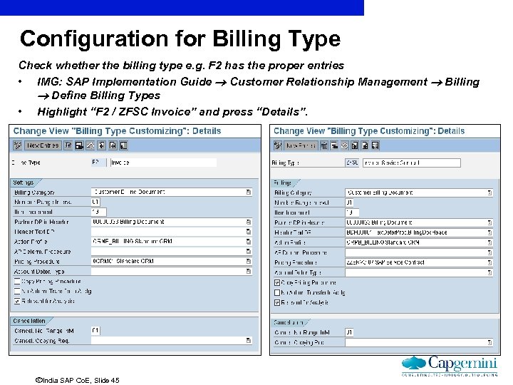 Configuration for Billing Type Check whether the billing type e. g. F 2 has