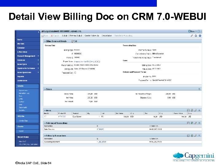 Detail View Billing Doc on CRM 7. 0 -WEBUI ãIndia SAP Co. E, Slide