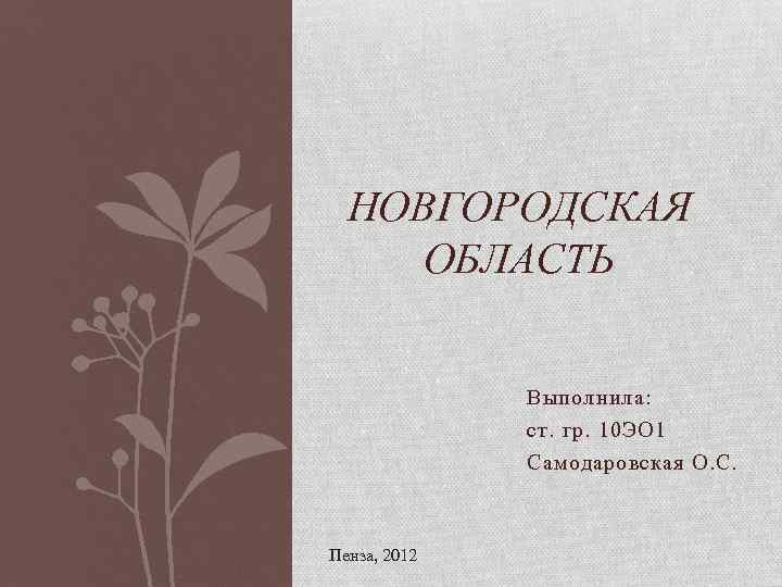 НОВГОРОДСКАЯ ОБЛАСТЬ Выполнила: ст. гр. 10 ЭО 1 Самодаровская О. С. Пенза, 2012 