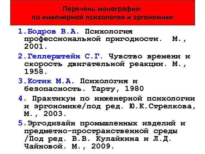 Перечень монографий: по инженерной психологии и эргономике: 1. Бодров В. А. Психология профессиональной пригодности.