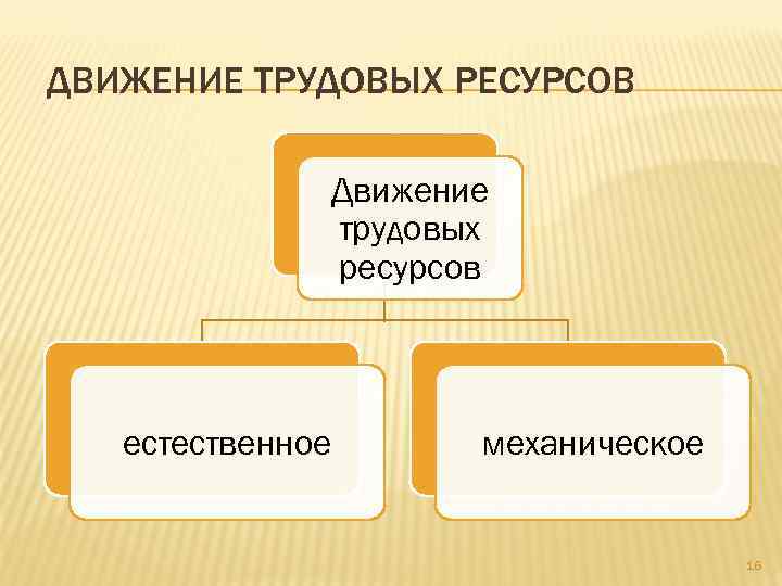 ДВИЖЕНИЕ ТРУДОВЫХ РЕСУРСОВ Движение трудовых ресурсов естественное механическое 16 