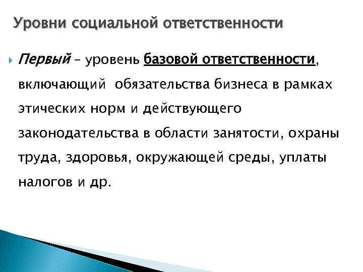 Уровни социальной ответственности Первый – уровень базовой ответственности, включающий обязательства бизнеса в рамках этических