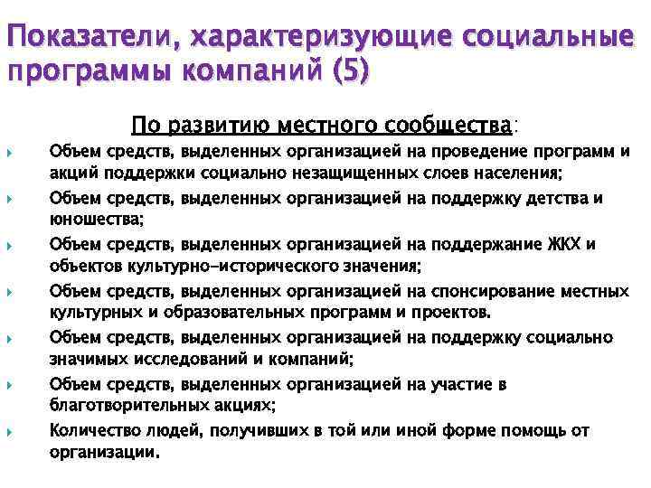 Показатели, характеризующие социальные программы компаний (5) По развитию местного сообщества: Объем средств, выделенных организацией