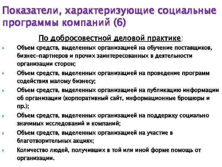 Показатели, характеризующие социальные программы компаний (6) По добросовестной деловой практике: Объем средств, выделенных организацией
