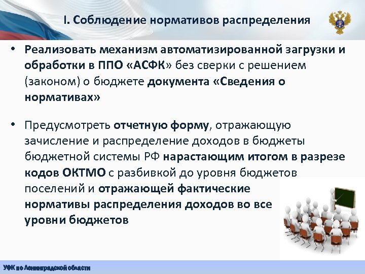 I. Соблюдение нормативов распределения • Реализовать механизм автоматизированной загрузки и обработки в ППО «АСФК»
