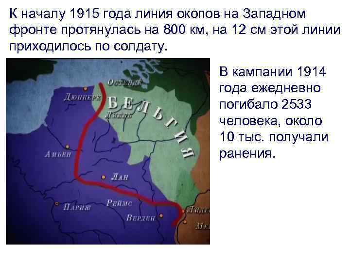 К началу 1915 года линия окопов на Западном фронте протянулась на 800 км, на