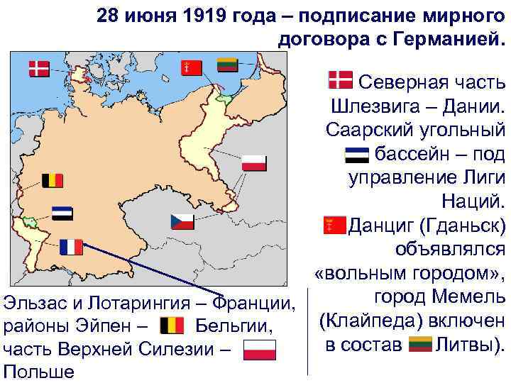 28 июня 1919 года – подписание мирного договора с Германией. Северная часть Шлезвига –