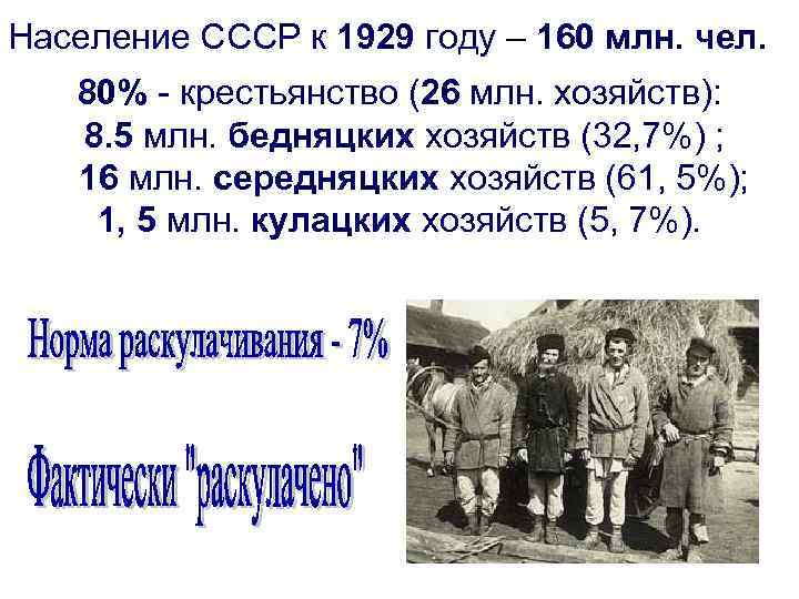 Население СССР к 1929 году – 160 млн. чел. 80% - крестьянство (26 млн.