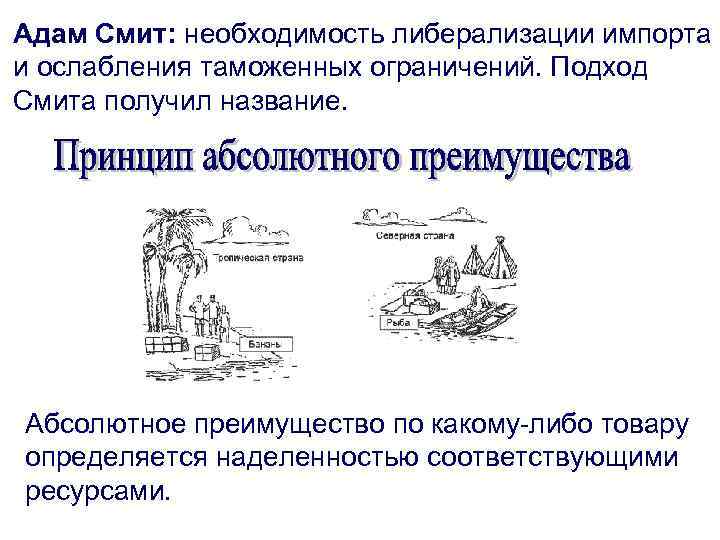 Адам Смит: необходимость либерализации импорта и ослабления таможенных ограничений. Подход Смита получил название. Абсолютное