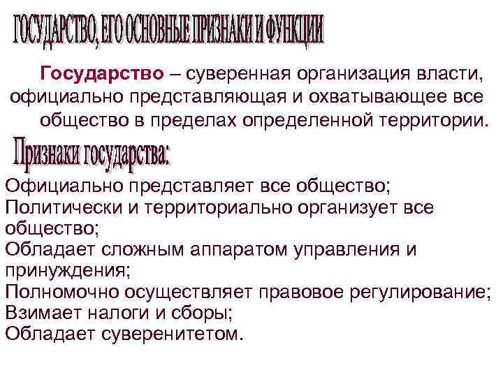 Государство – суверенная организация власти, официально представляющая и охватывающее все общество в пределах определенной