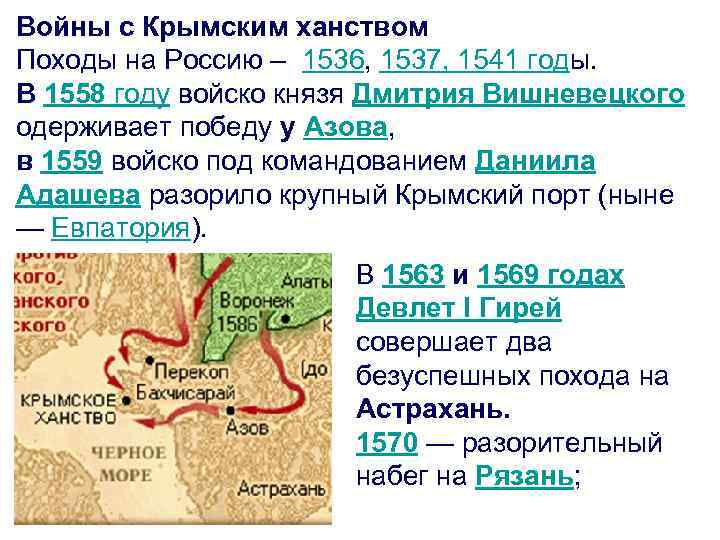 Войны с Крымским ханством Походы на Россию – 1536, 1537, 1541 годы. В 1558