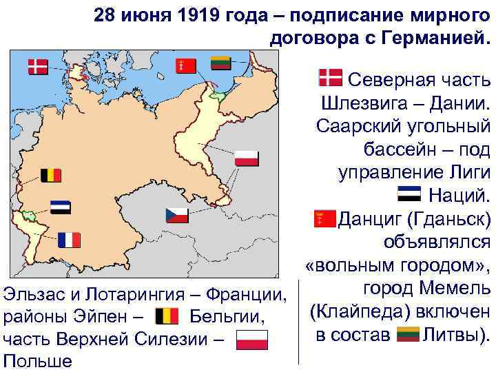 28 июня 1919 года – подписание мирного договора с Германией. Северная часть Шлезвига –