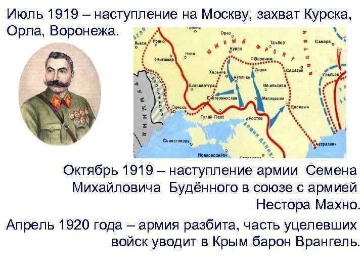 Июль 1919 – наступление на Москву, захват Курска, Орла, Воронежа. Октябрь 1919 – наступление