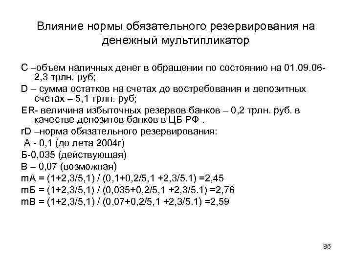 Влияние нормы обязательного резервирования на денежный мультипликатор C –объем наличных денег в обращении по