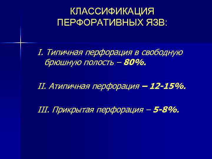 КЛАССИФИКАЦИЯ ПЕРФОРАТИВНЫХ ЯЗВ: I. Типичная перфорация в свободную брюшную полость – 80%. II. Атипичная