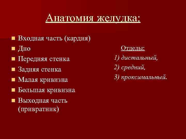 Анатомия желудка: n n n n Входная часть (кардия) Дно Передняя стенка Задняя стенка