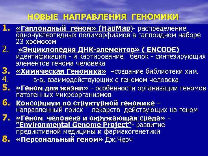 НОВЫЕ НАПРАВЛЕНИЯ ГЕНОМИКИ 1. «Гаплоидный геном» (Hap. Map)- распределение 2. 3. 4. 5. 6.