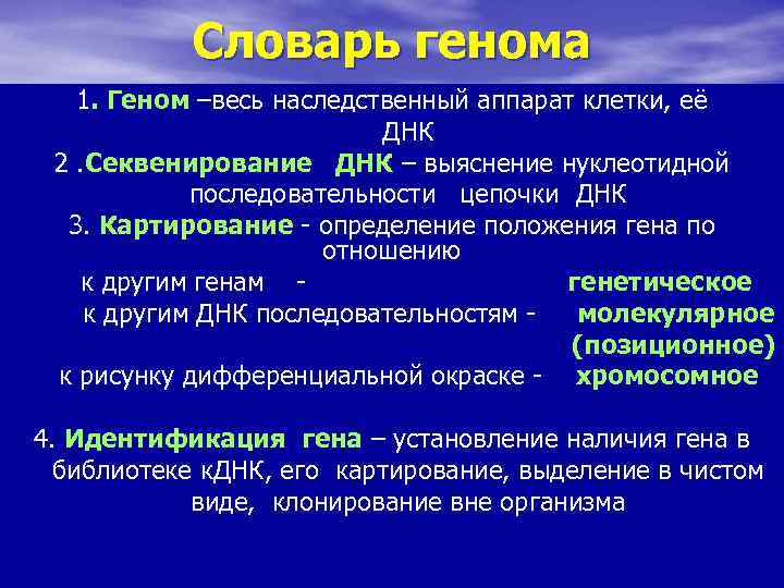 Словарь генома 1. Геном –весь наследственный аппарат клетки, её ДНК 2. Секвенирование ДНК –