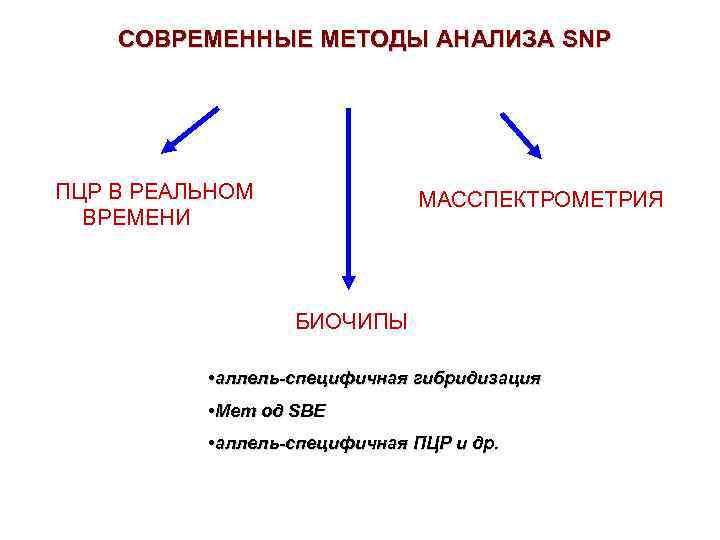 СОВРЕМЕННЫЕ МЕТОДЫ АНАЛИЗА SNP ПЦР В РЕАЛЬНОМ ВРЕМЕНИ МАССПЕКТРОМЕТРИЯ БИОЧИПЫ • аллель-специфичная гибридизация •