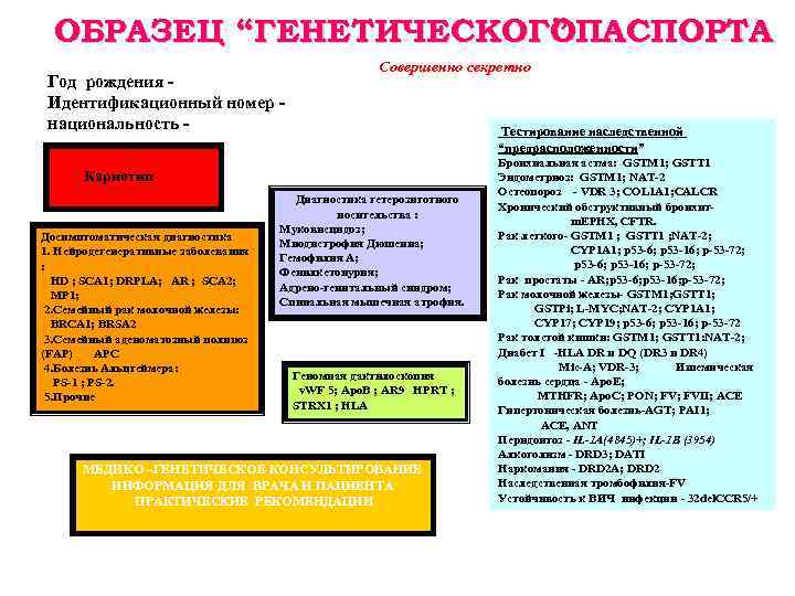 ОБРАЗЕЦ “ГЕНЕТИЧЕСКОГОПАСПОРТА ” Год рождения Идентификационный номер Национальность - Совершенно секретно Тестирование наследственной “предрасположенности”