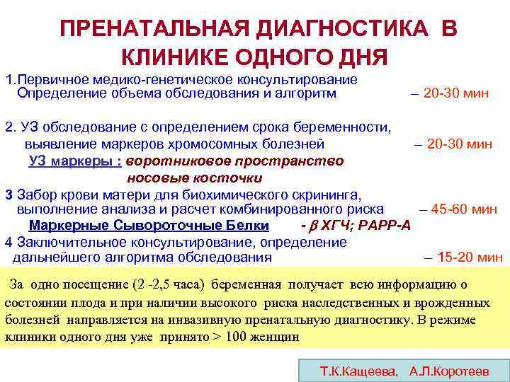 ПРЕНАТАЛЬНАЯ ДИАГНОСТИКА В КЛИНИКЕ ОДНОГО ДНЯ 1. Первичное медико-генетическое консультирование Определение объема обследования и