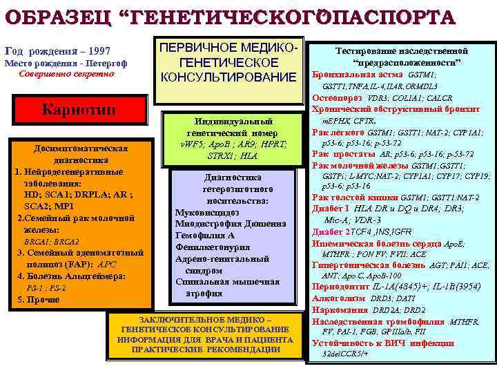 ОБРАЗЕЦ “ГЕНЕТИЧЕСКОГОПАСПОРТА ” Год рождения – 1997 Место рождения - Петергоф Совершенно секретно Кариотип