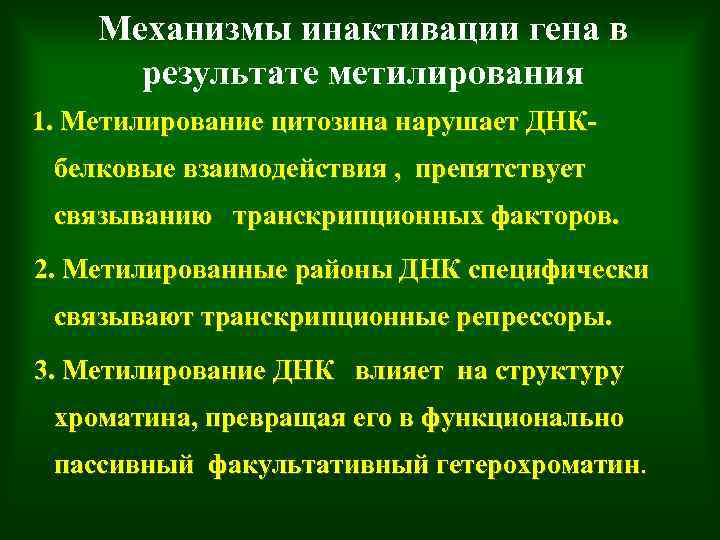 Механизмы инактивации гена в результате метилирования 1. Метилирование цитозина нарушает ДНК- белковые взаимодействия ,