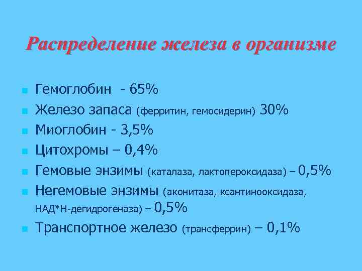 Распределение железа в организме n n n n Гемоглобин - 65% Железо запаса (ферритин,