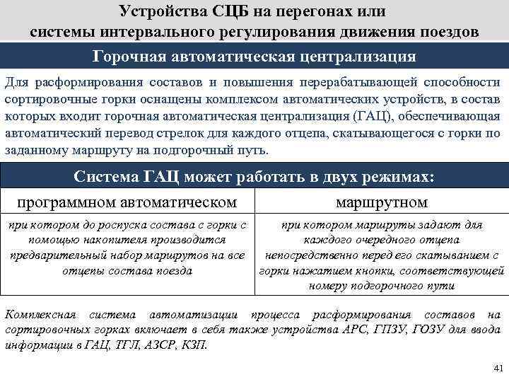 Устройства СЦБ на перегонах или системы интервального регулирования движения поездов Горочная автоматическая централизация Для