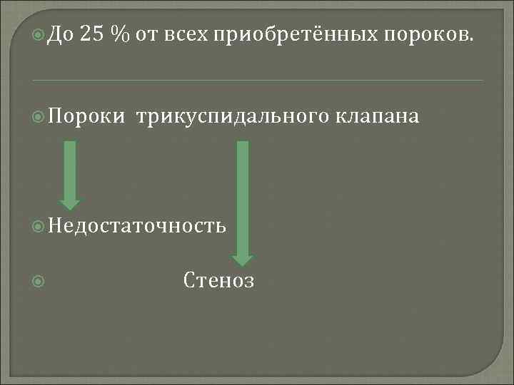  До 25 % от всех приобретённых пороков. Пороки трикуспидального клапана Недостаточность Стеноз 