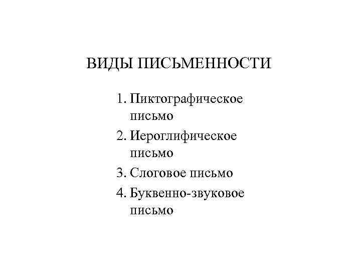 ВИДЫ ПИСЬМЕННОСТИ 1. Пиктографическое письмо 2. Иероглифическое письмо 3. Слоговое письмо 4. Буквенно-звуковое письмо