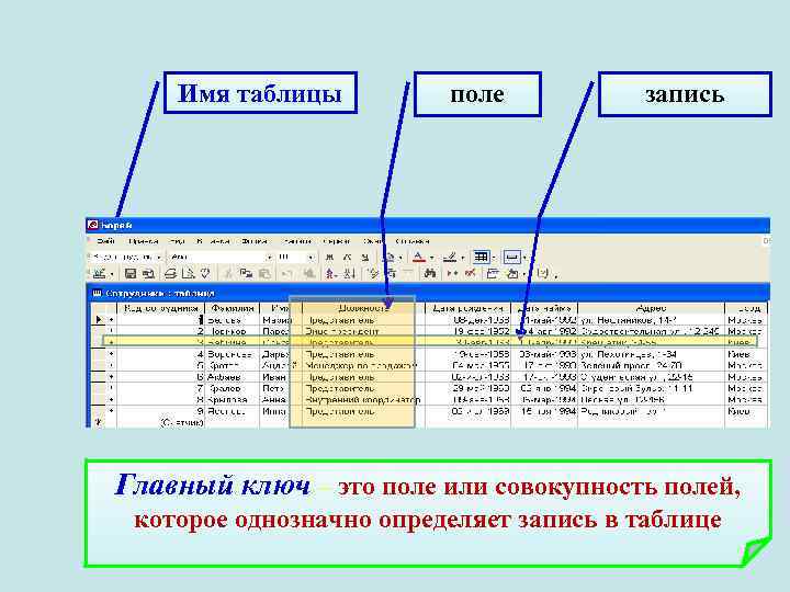 Имя таблицы поле запись Главный ключ – это поле или совокупность полей, которое однозначно