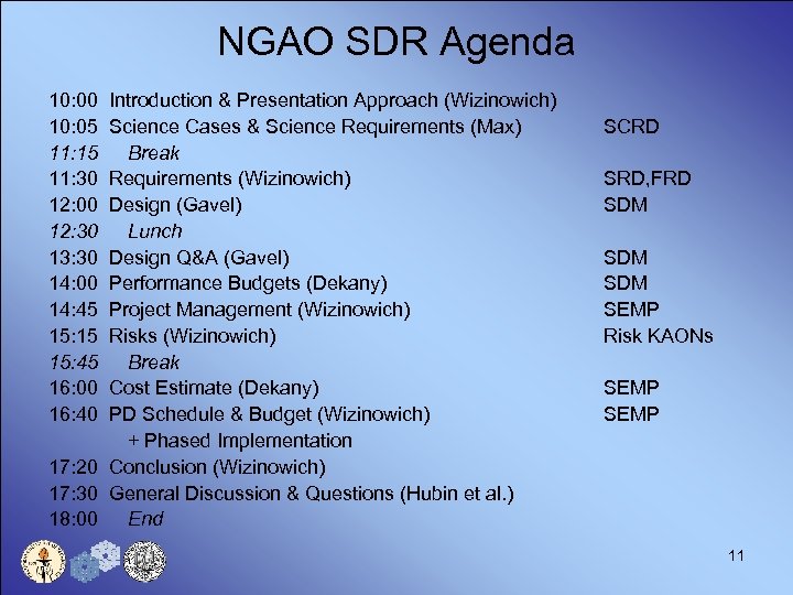NGAO SDR Agenda 10: 00 10: 05 11: 15 11: 30 12: 00 12: