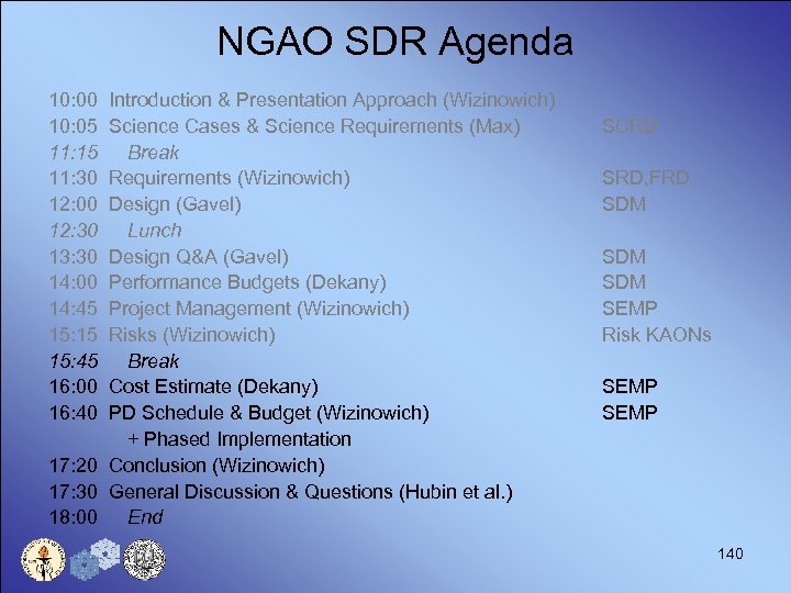NGAO SDR Agenda 10: 00 10: 05 11: 15 11: 30 12: 00 12: