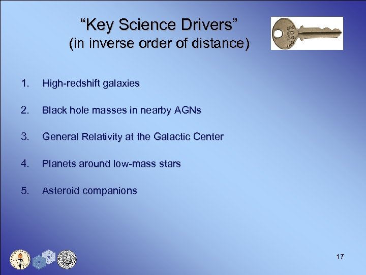 “Key Science Drivers” (in inverse order of distance) 1. High-redshift galaxies 2. Black hole