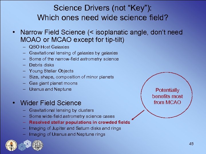 Science Drivers (not “Key”): Which ones need wide science field? • Narrow Field Science