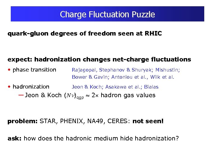 Charge Fluctuation Puzzle quark-gluon degrees of freedom seen at RHIC expect: hadronization changes net-charge
