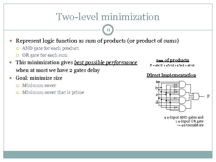 Two-level minimization 11 Represent logic function as sum of products (or product of sums)