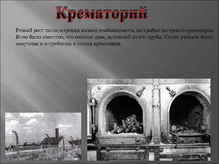 Крематорий Резкий рост числа мертвых вызвал необходимость постройки лагерного крематория. Всем было известно, что