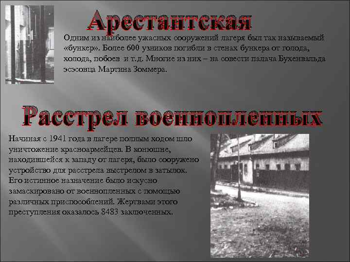 Арестантская Одним из наиболее ужасных сооружений лагеря был так называемый «бункер» . Более 600