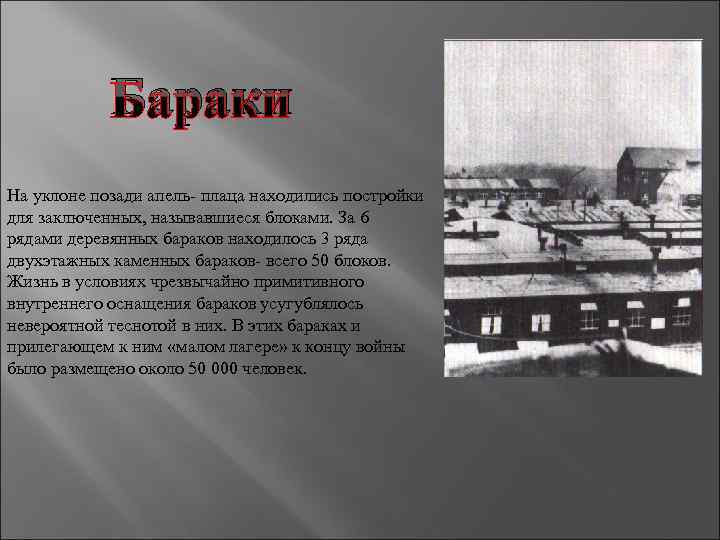 Бараки На уклоне позади апель- плаца находились постройки для заключенных, называвшиеся блоками. За 6
