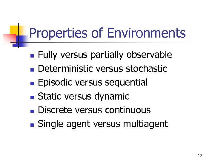 Properties of Environments Fully versus partially observable Deterministic versus stochastic Episodic versus sequential Static