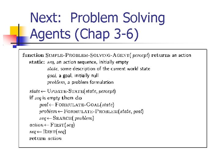 Next: Problem Solving Agents (Chap 3 -6) 