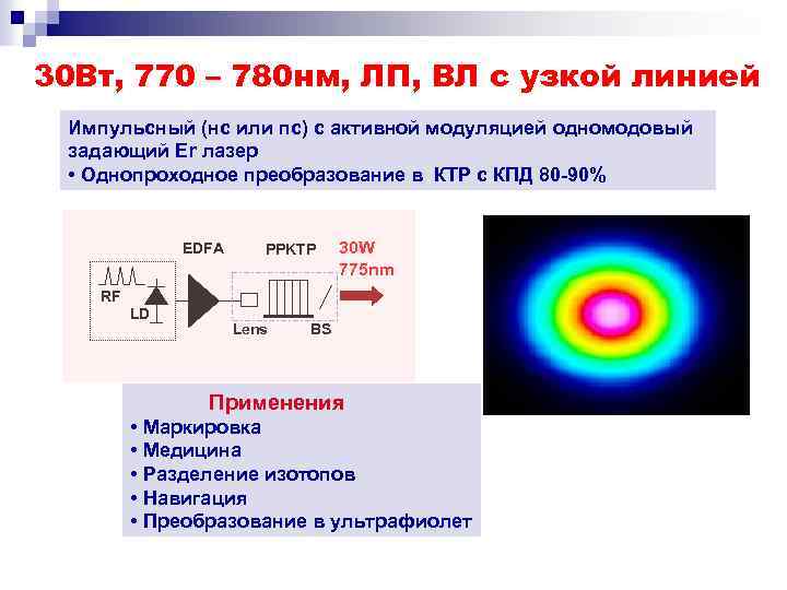 30 Вт, 770 – 780 нм, ЛП, ВЛ с узкой линией Импульсный (нс или